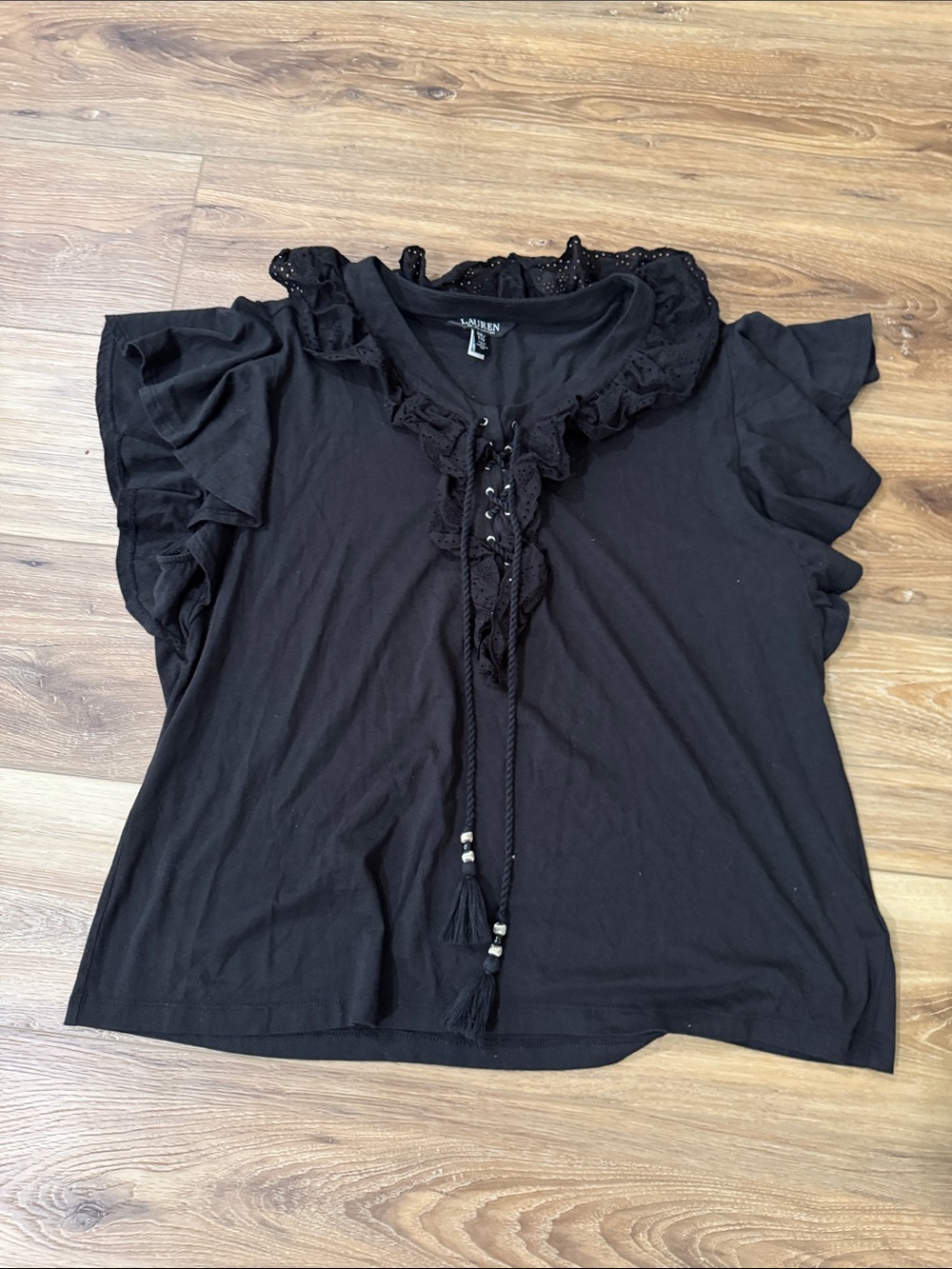 Laurén Black Lace-Trim Tie-Neck Women's Top